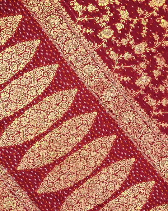 Red Pure Khaddi Georgette Bandhej Saree with Vintage Floral Jaal Weaves
