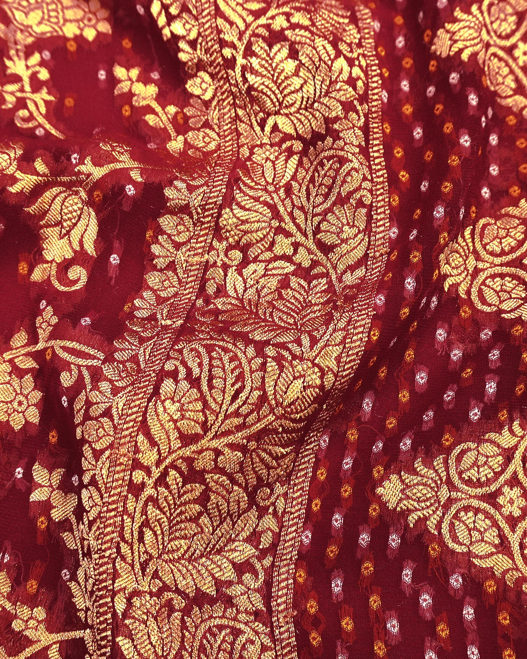 Red Pure Khaddi Georgette Bandhej Saree with Vintage Floral Jaal Weaves