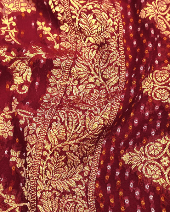 Red Pure Khaddi Georgette Bandhej Saree with Vintage Floral Jaal Weaves