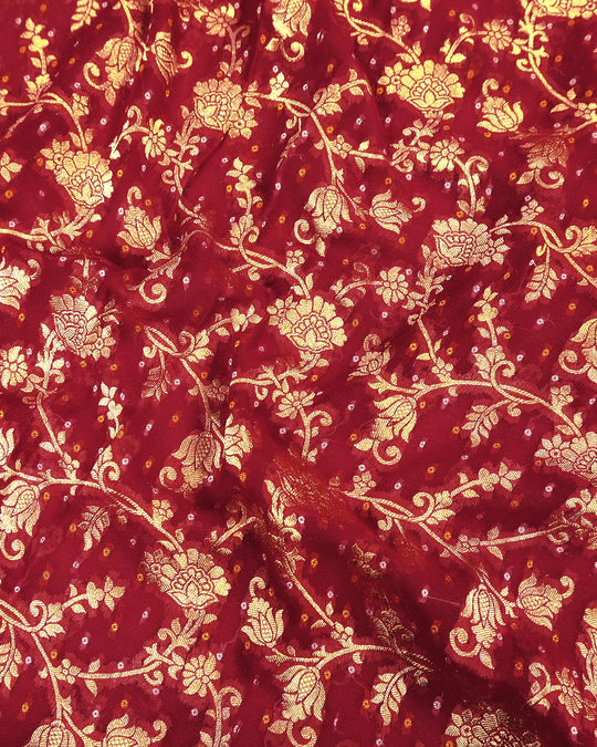 Red Pure Khaddi Georgette Bandhej Saree with Vintage Floral Jaal Weaves