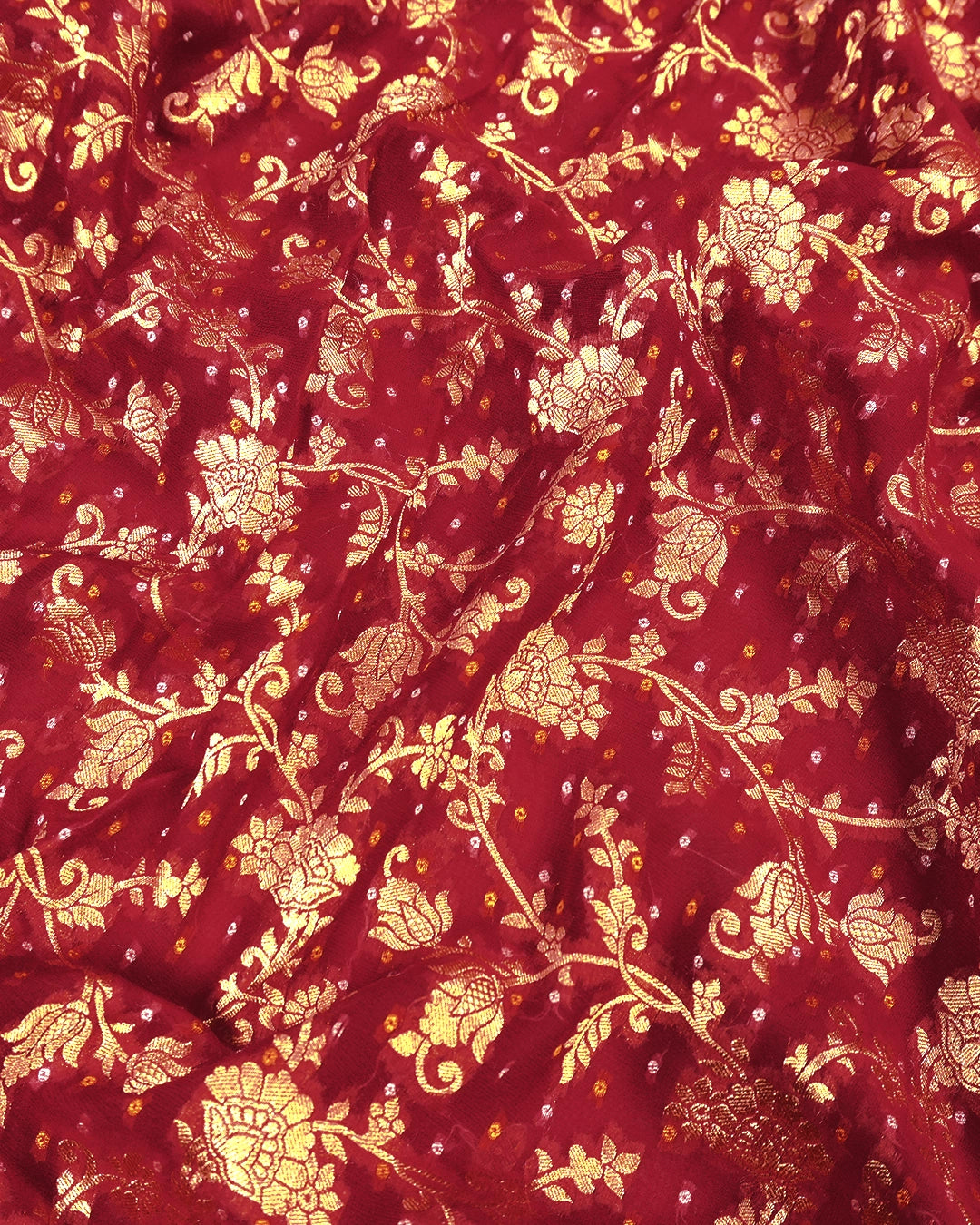 Red Pure Khaddi Georgette Bandhej Saree with Vintage Floral Jaal Weaves