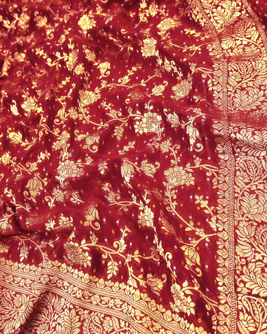 Red Pure Khaddi Georgette Bandhej Saree with Vintage Floral Jaal Weaves