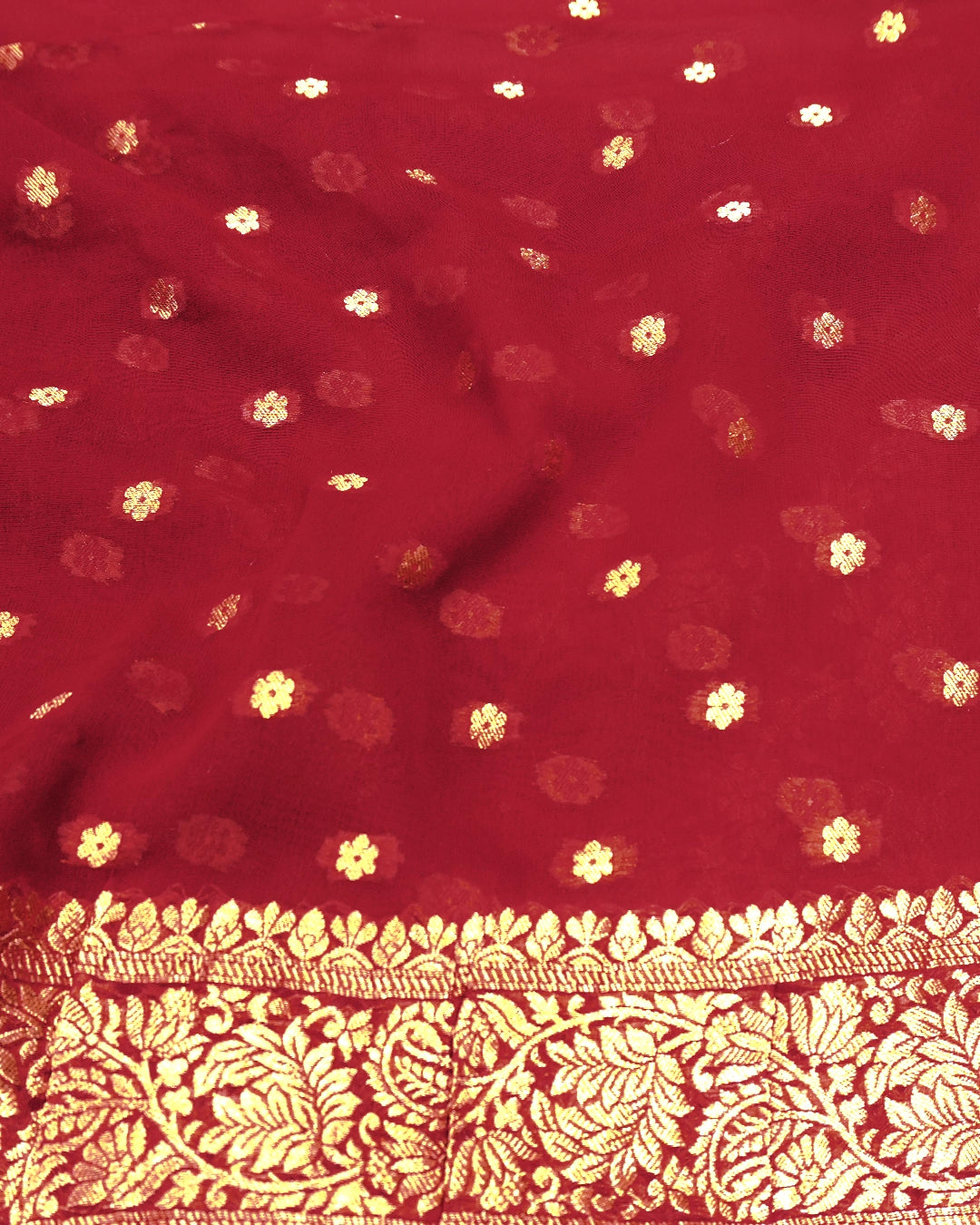 Red Pure Khaddi Georgette Bandhej Saree with Vintage Floral Jaal Weaves