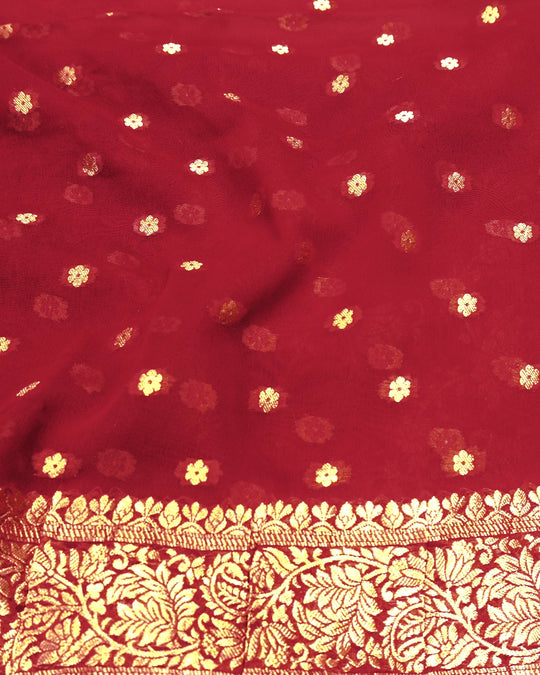 Red Pure Khaddi Georgette Bandhej Saree with Vintage Floral Jaal Weaves