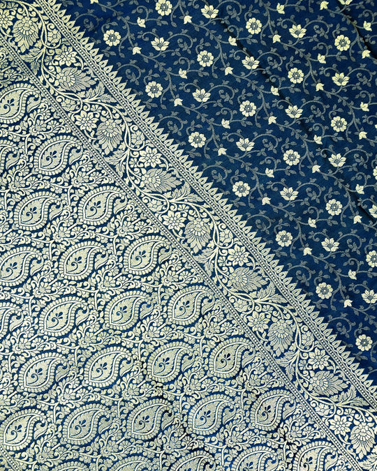 Morpinch Ink Blue Pure Banarasi Saree with Floral Tanchoi Weaves