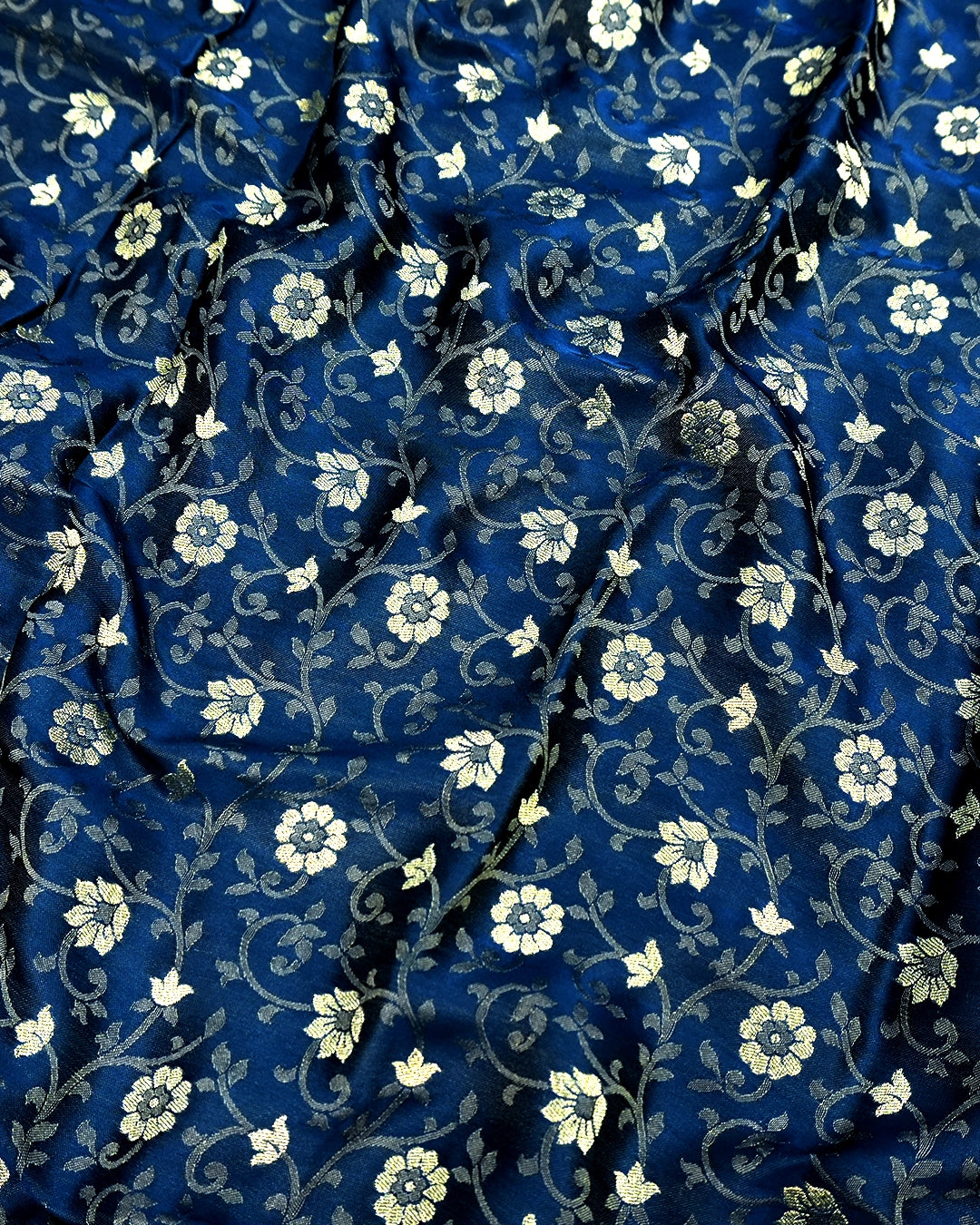 Morpinch Ink Blue Pure Banarasi Saree with Floral Tanchoi Weaves