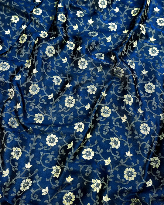 Morpinch Ink Blue Pure Banarasi Saree with Floral Tanchoi Weaves