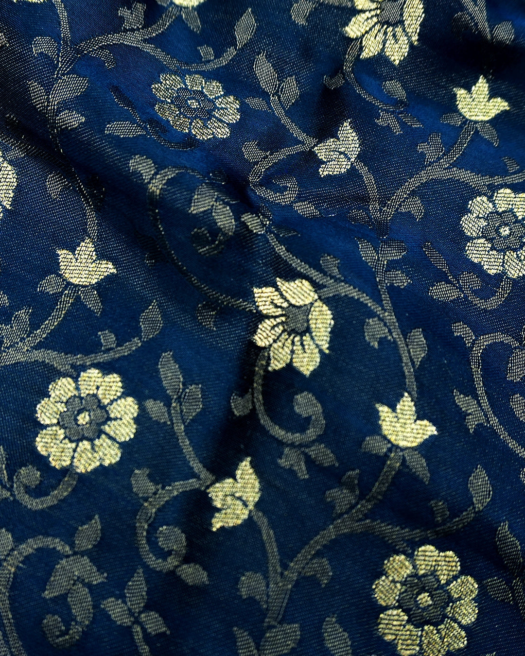 Morpinch Ink Blue Pure Banarasi Saree with Floral Tanchoi Weaves