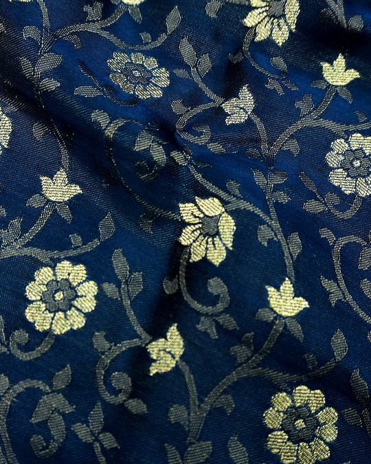 Morpinch Ink Blue Pure Banarasi Saree with Floral Tanchoi Weaves