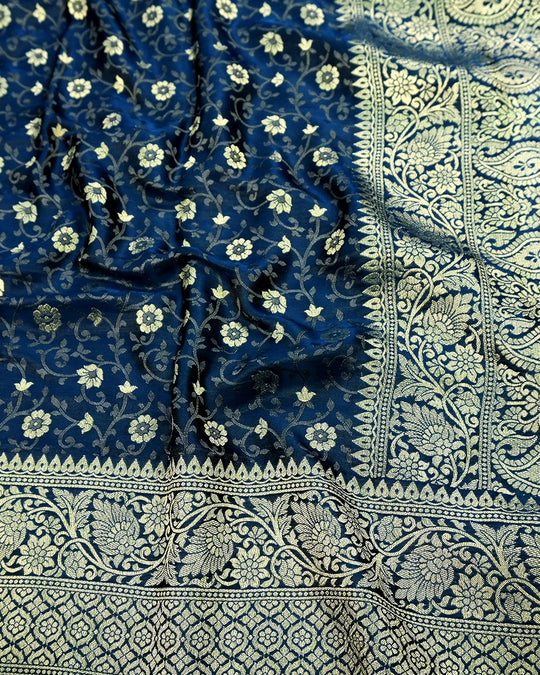 Morpinch Ink Blue Pure Banarasi Saree with Floral Tanchoi Weaves