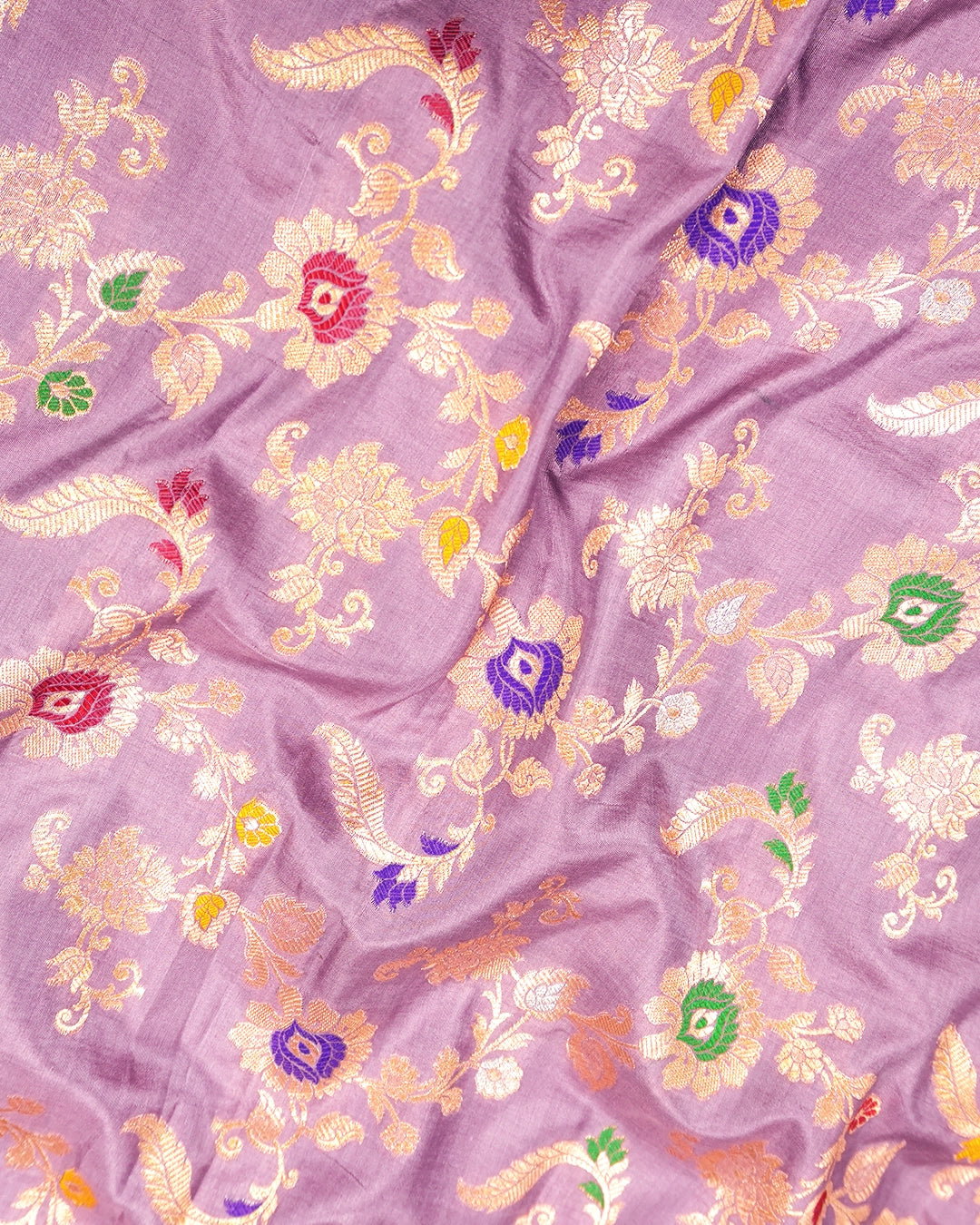 Lilac Purple Pure Katan Saree with Multicolor Floral Meenakari Vines