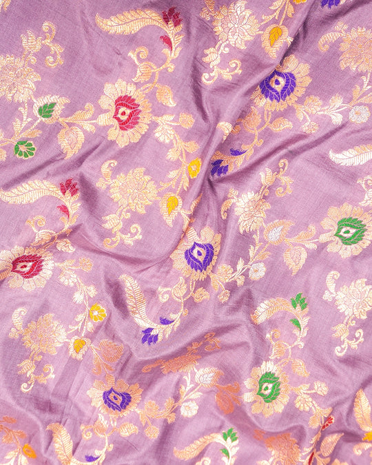 Lilac Purple Pure Katan Saree with Multicolor Floral Meenakari Vines