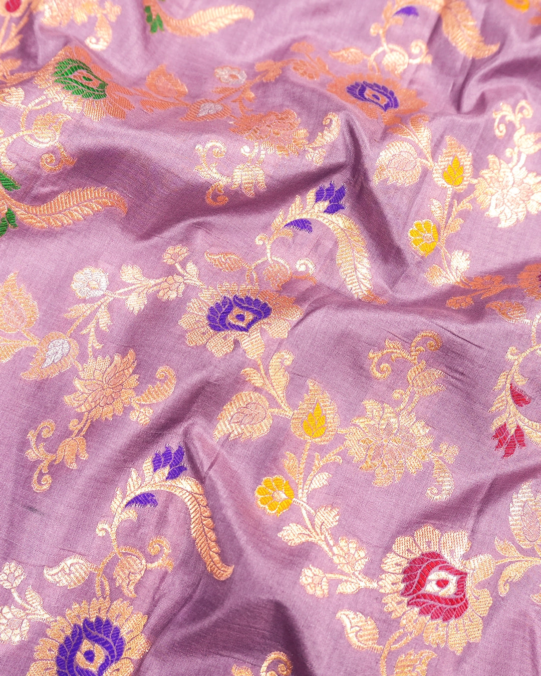 Lilac Purple Pure Katan Saree with Multicolor Floral Meenakari Vines
