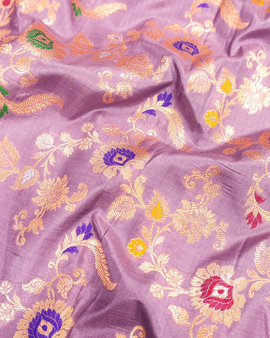 Lilac Purple Pure Katan Saree with Multicolor Floral Meenakari Vines