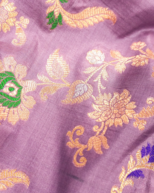 Lilac Purple Pure Katan Saree with Multicolor Floral Meenakari Vines