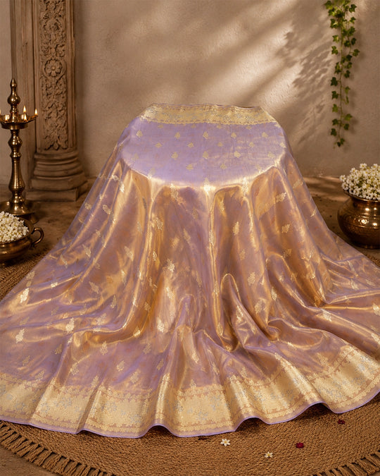 Soft Lavender Gold Pure Tissue Saree with Delicate Leaf Butas