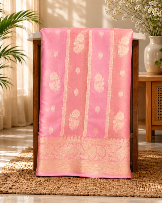 Pastel Pink Pure Georgette and Tissue Saree with Floral Buta Stripes Weaving
