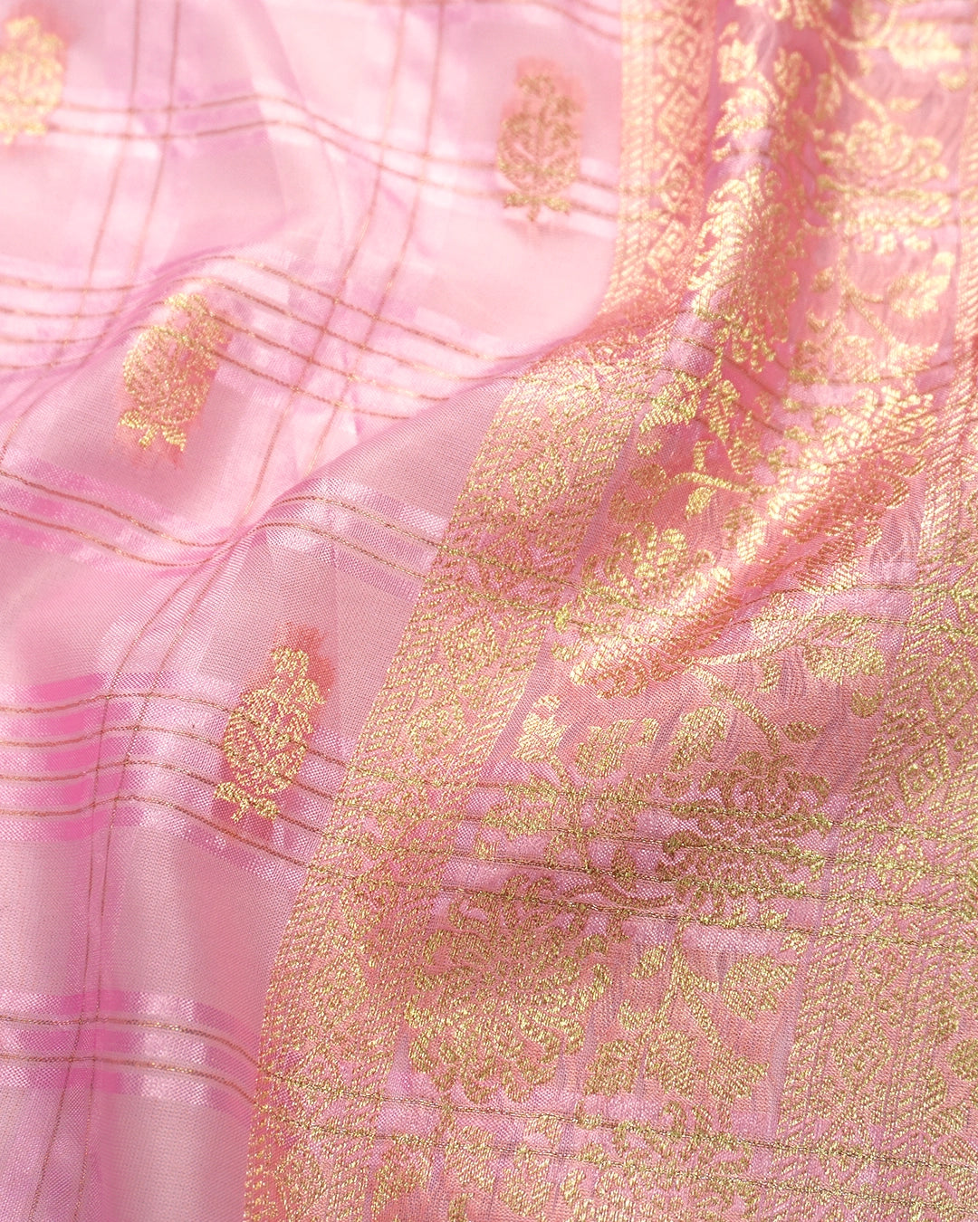 Pink Pure Tangail Silk Saree with Checkered Butidar Weaves