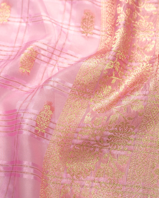 Pink Pure Tangail Silk Saree with Checkered Butidar Weaves