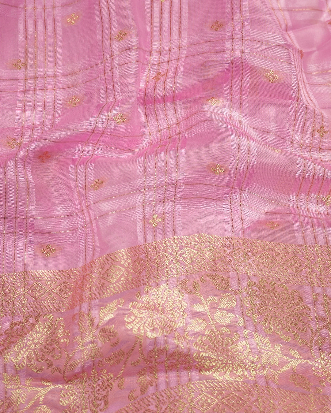 Pink Pure Tangail Silk Saree with Checkered Butidar Weaves
