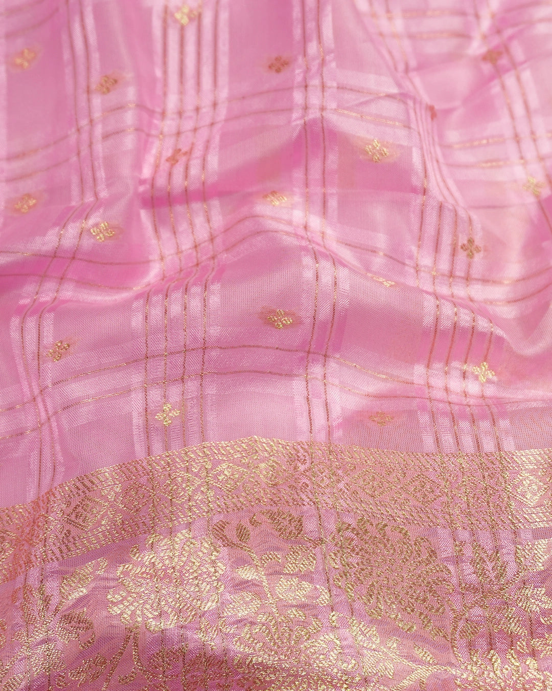 Pink Pure Tangail Silk Saree with Checkered Butidar Weaves