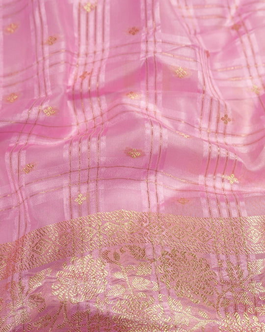 Pink Pure Tangail Silk Saree with Checkered Butidar Weaves