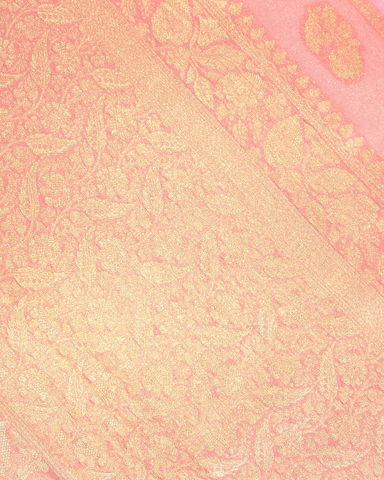 Pastel Pink Pure Georgette and Tissue Saree with Floral Buta Stripes Weaving