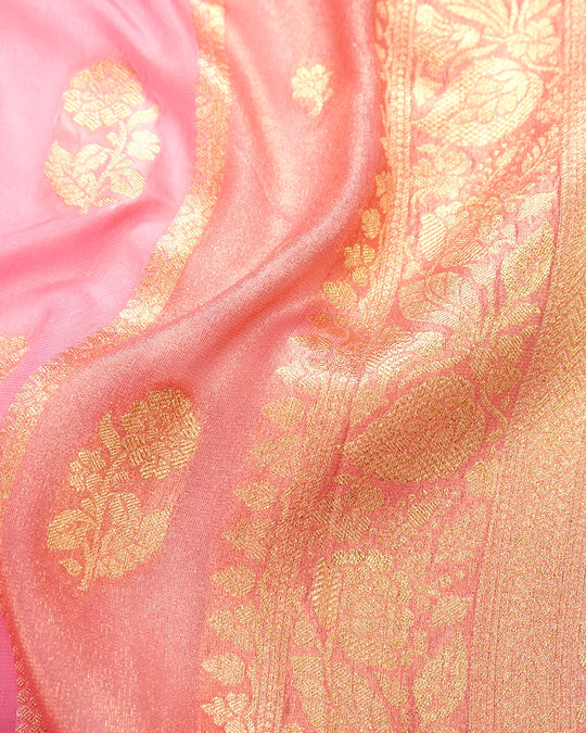 Pastel Pink Pure Georgette and Tissue Saree with Floral Buta Stripes Weaving