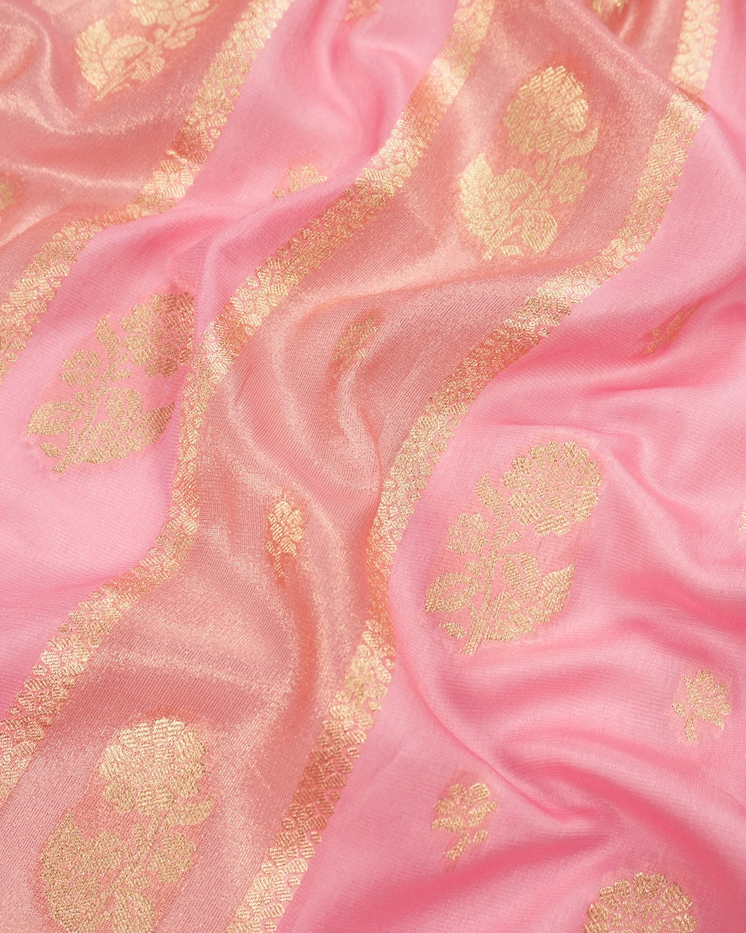 Pastel Pink Pure Georgette and Tissue Saree with Floral Buta Stripes Weaving