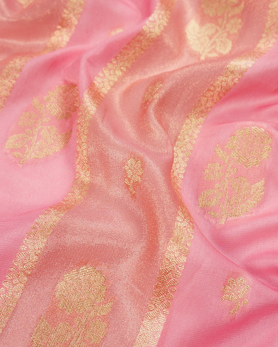 Pastel Pink Pure Georgette and Tissue Saree with Floral Buta Stripes Weaving