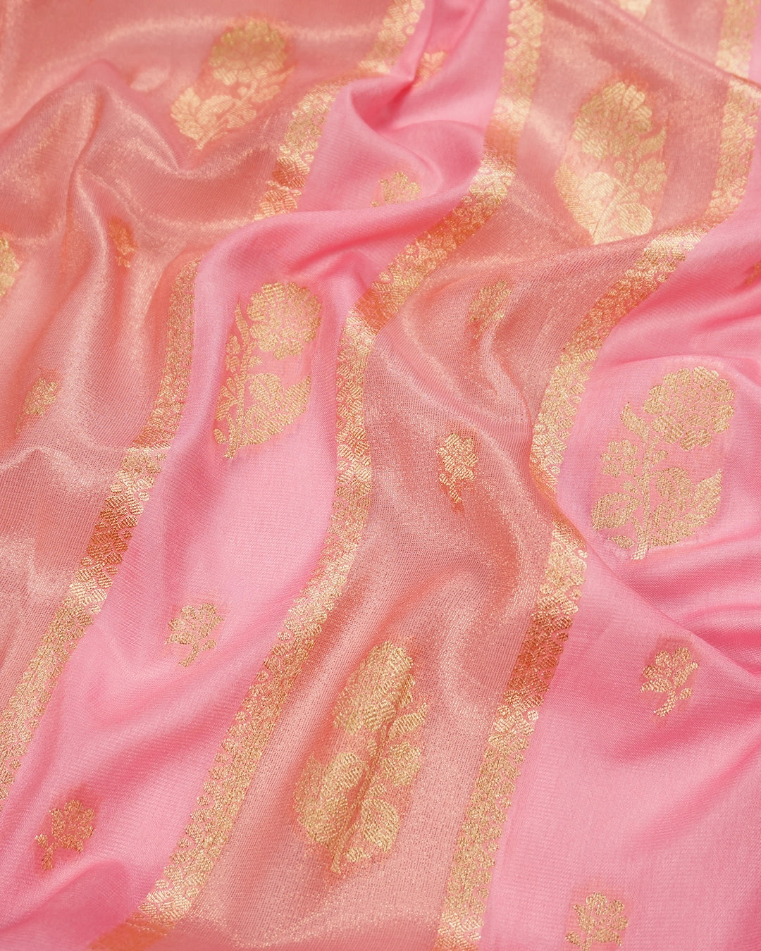 Pastel Pink Pure Georgette and Tissue Saree with Floral Buta Stripes Weaving