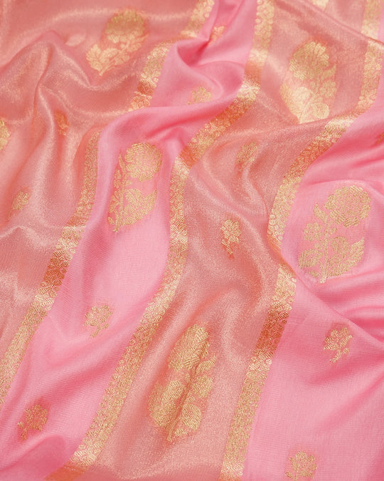 Pastel Pink Pure Georgette and Tissue Saree with Floral Buta Stripes Weaving