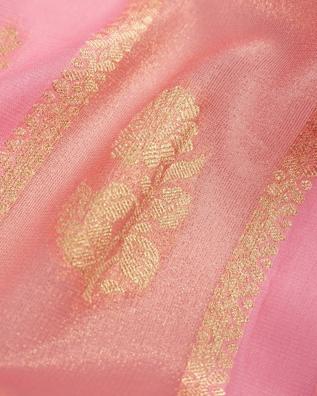 Pastel Pink Pure Georgette and Tissue Saree with Floral Buta Stripes Weaving