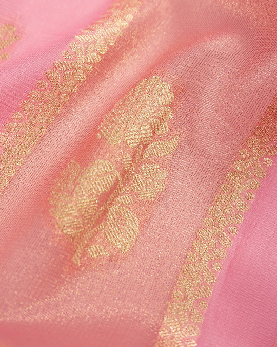Pastel Pink Pure Georgette and Tissue Saree with Floral Buta Stripes Weaving
