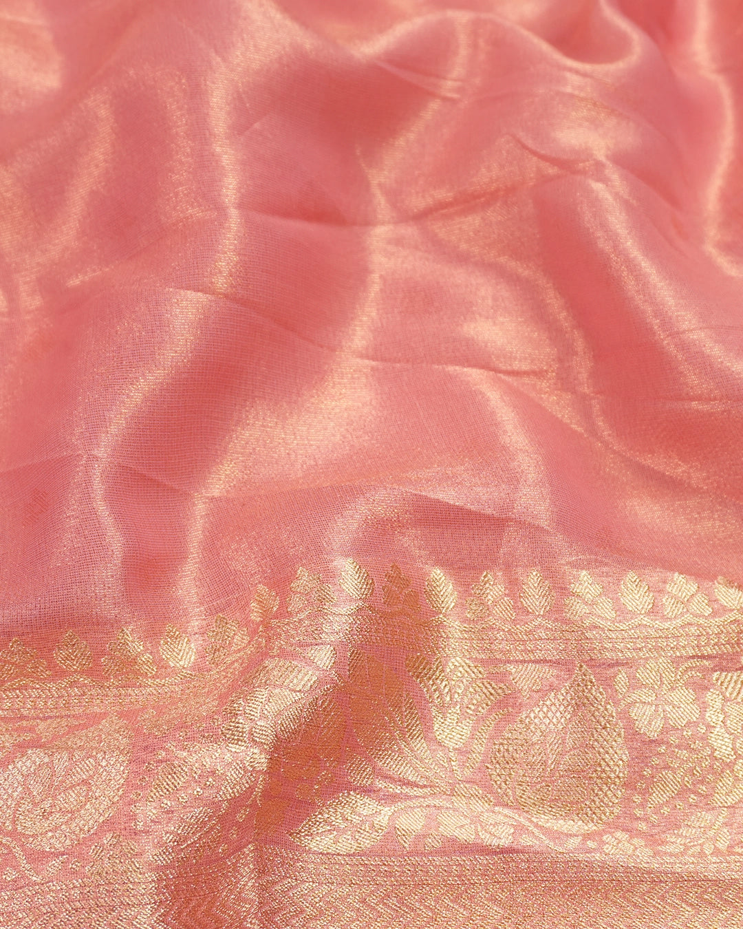 Pastel Pink Pure Georgette and Tissue Saree with Floral Buta Stripes Weaving