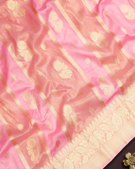 Pastel Pink Pure Georgette and Tissue Saree with Floral Buta Stripes Weaving