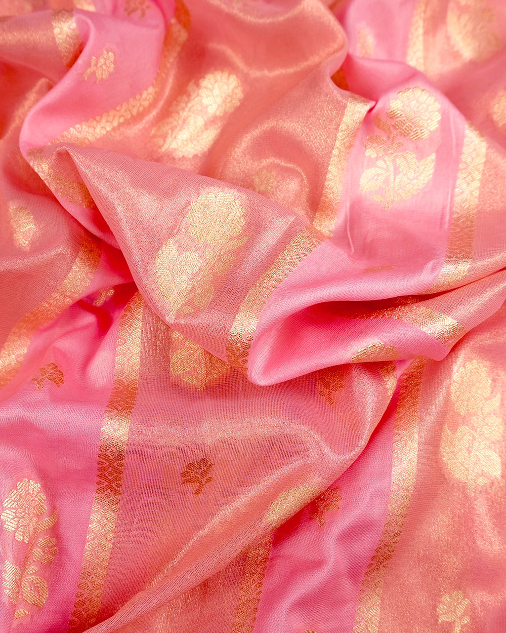 Pastel Pink Pure Georgette and Tissue Saree with Floral Buta Stripes Weaving