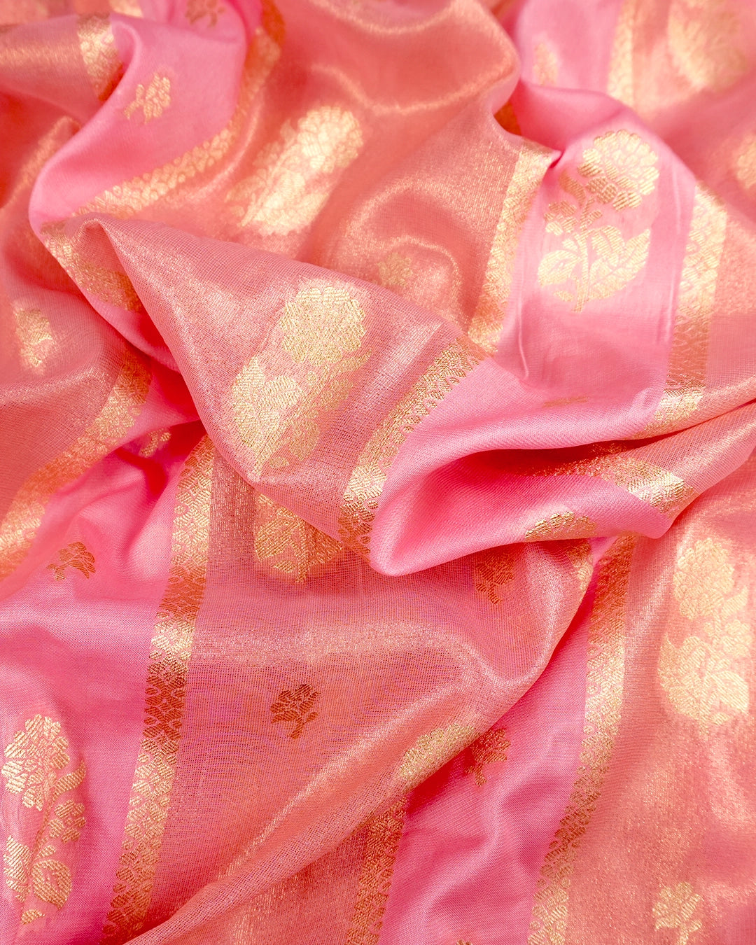 Pastel Pink Pure Georgette and Tissue Saree with Floral Buta Stripes Weaving