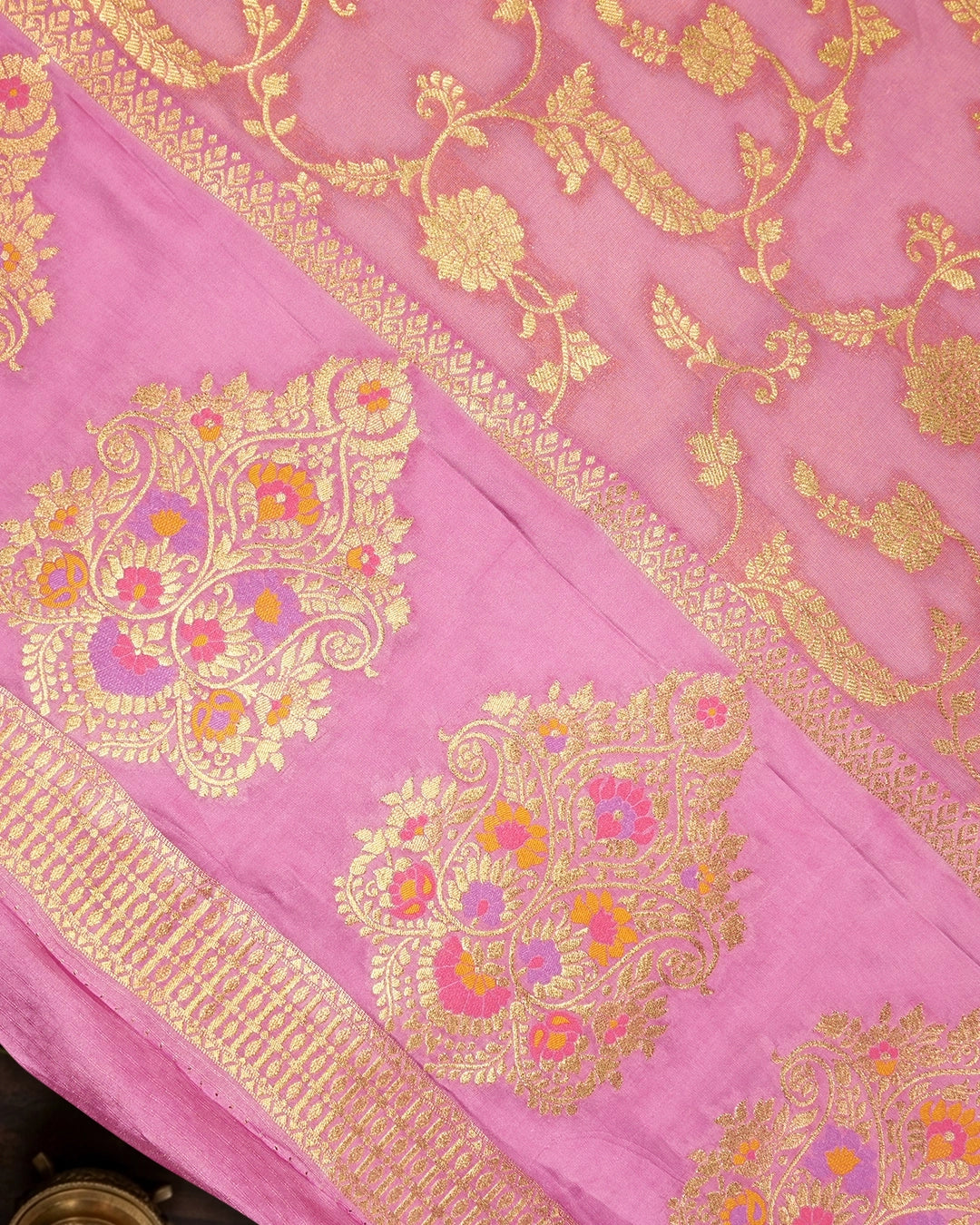 Pink Pure Tissue Saree with Floral Vine Jaal & Meenakari Paisley Pallu Weaving