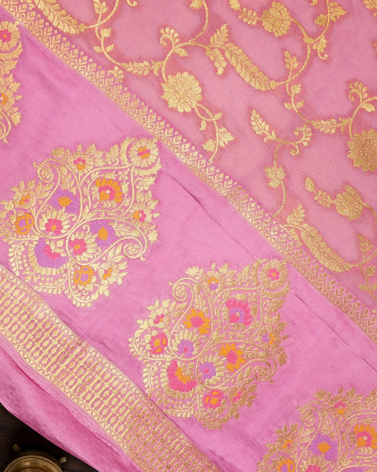 Pink Pure Tissue Saree with Floral Vine Jaal & Meenakari Paisley Pallu Weaving