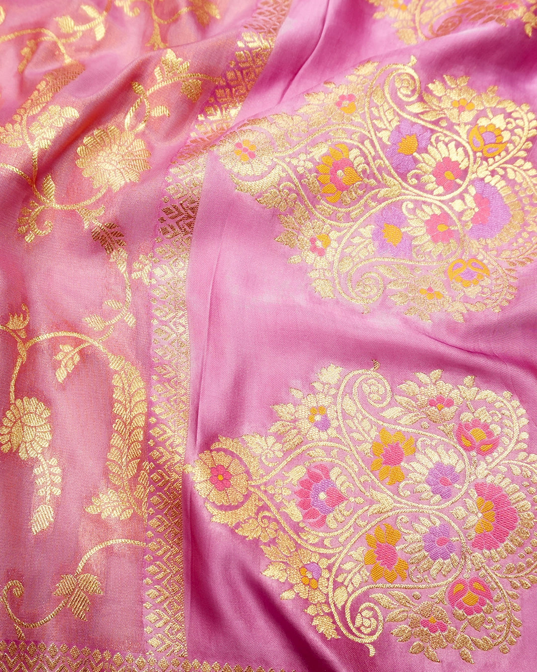 Pink Pure Tissue Saree with Floral Vine Jaal & Meenakari Paisley Pallu Weaving