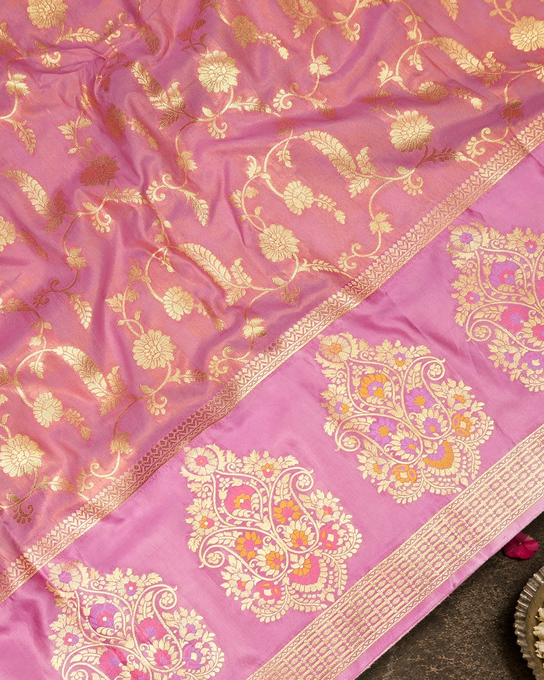 Pink Pure Tissue Saree with Floral Vine Jaal & Meenakari Paisley Pallu Weaving