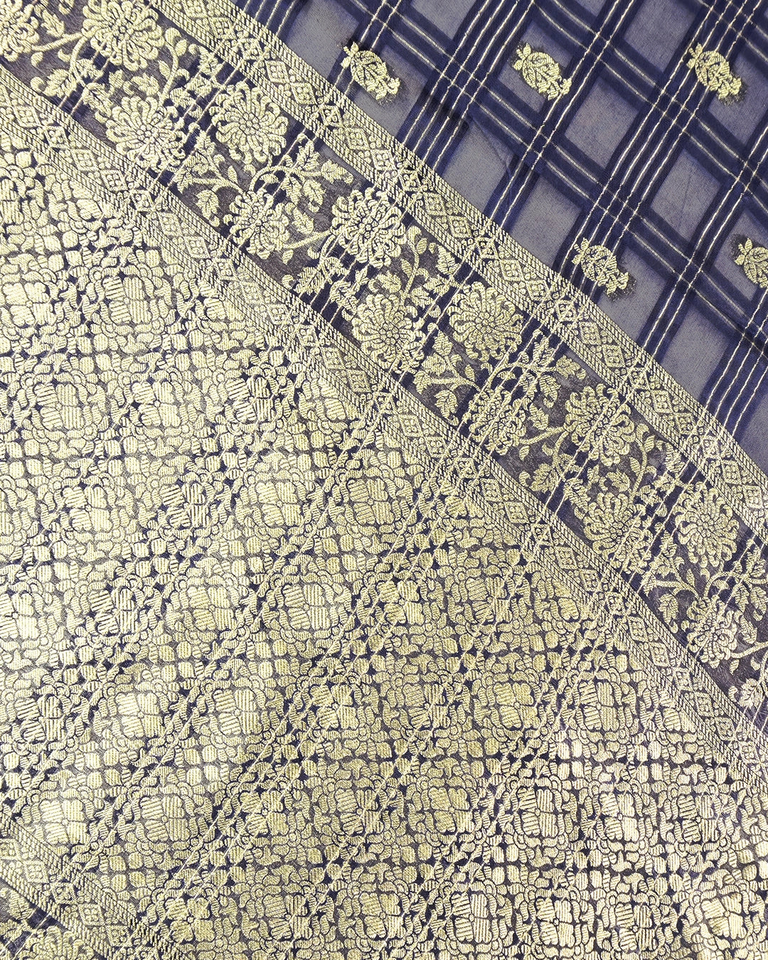 Navy Blue Pure Tangail Silk Saree with Butidar Checkered Weaving