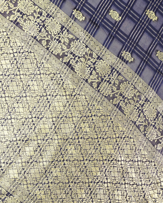 Navy Blue Pure Tangail Silk Saree with Butidar Checkered Weaving