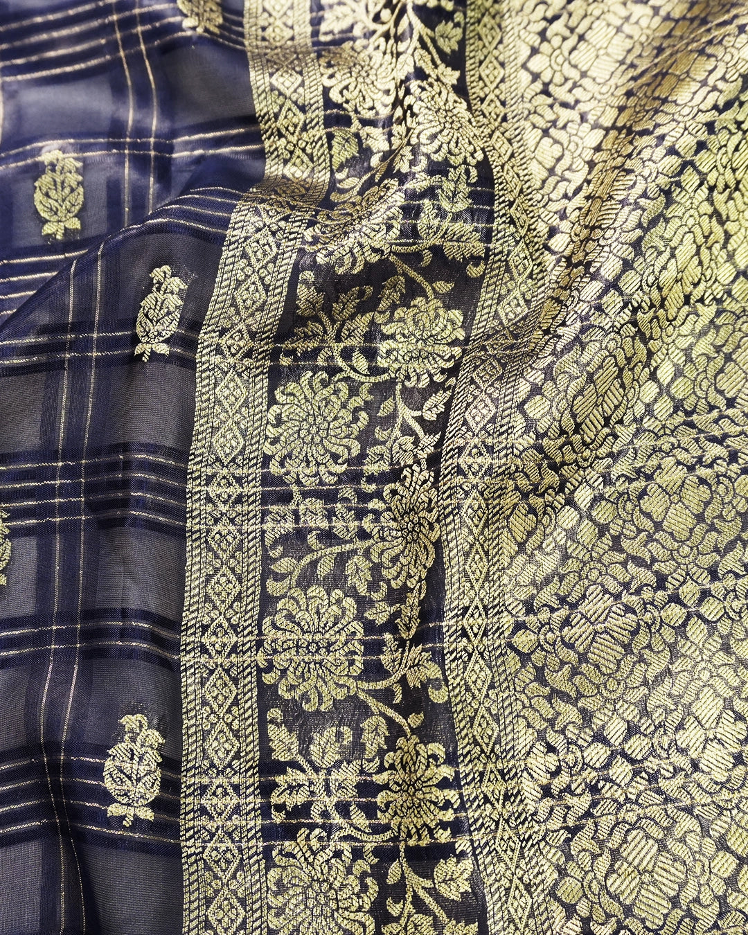 Navy Blue Pure Tangail Silk Saree with Butidar Checkered Weaving