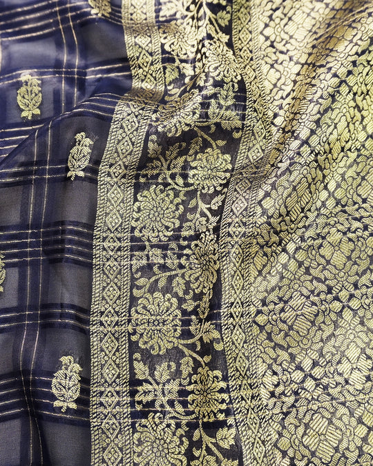 Navy Blue Pure Tangail Silk Saree with Butidar Checkered Weaving