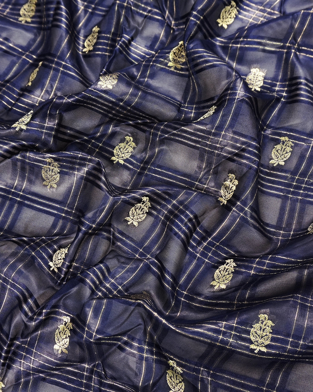 Navy Blue Pure Tangail Silk Saree with Butidar Checkered Weaving