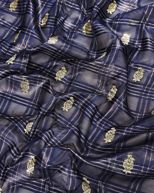 Navy Blue Pure Tangail Silk Saree with Butidar Checkered Weaving