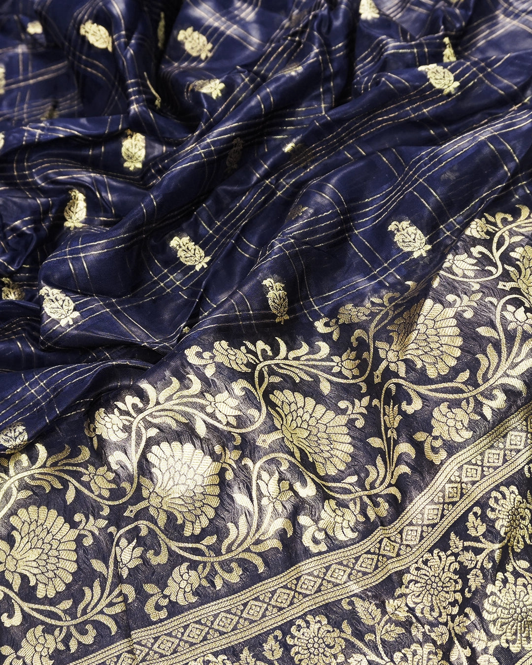 Navy Blue Pure Tangail Silk Saree with Butidar Checkered Weaving