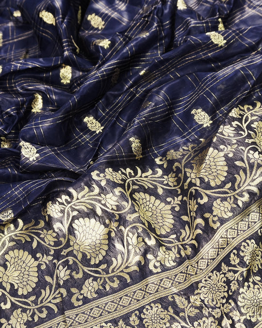 Navy Blue Pure Tangail Silk Saree with Butidar Checkered Weaving